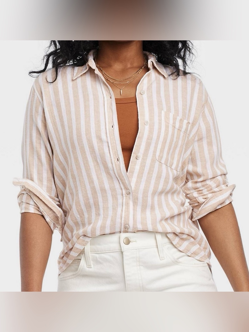 Universal Thread Linen Long Sleeve Collared Button Up Shirt in Tan Striped Sz M